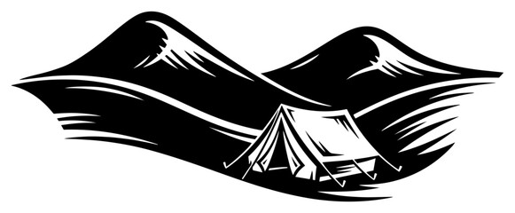 Fototapeta premium Camping tent pitched in front of mountain landscape silhouette in monochrome style