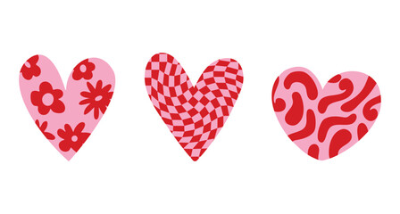 Set of different hand drawn textured heart shapes. Red heart Love symbol with various abstract patterns for Valentines Day. Vector art illustration isolated on white background