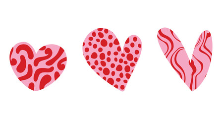 Set of different hand drawn textured heart shapes. Red heart Love symbol with various abstract patterns for Valentines Day. Vector art illustration isolated on white background