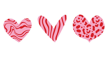 Set of different hand drawn textured heart shapes. Red heart Love symbol with various abstract patterns for Valentines Day. Vector art illustration isolated on white background