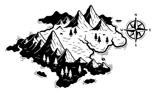 Fantasy isometric island map with mountains and compass rose
