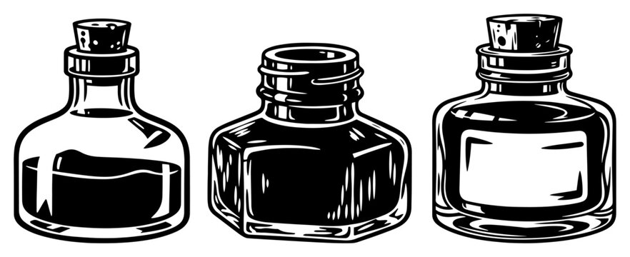 Collection of glass ink bottles and inkwells in vintage style