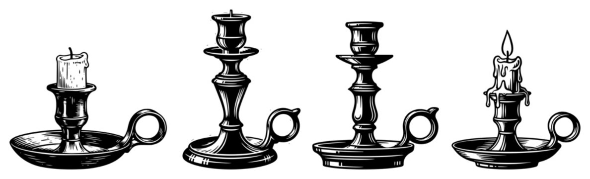 Set of vintage candlestick holders with burning candles in engraving style