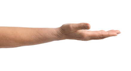Woman holding something on white background, closeup