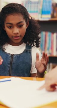 Education, high five and child count in library with math tutor, learn numbers system and homework success. Problem solving, knowledge support and girl celebrate with teacher, sum solution and answer