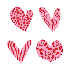 Set of different hand drawn textured heart shapes. Red heart Love symbol with various abstract patterns for Valentines Day. Vector art illustration isolated on white background