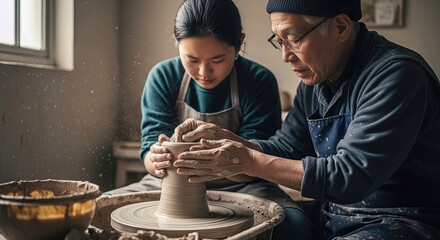 A young learner and an elder mentor shape clay on a spinning wheel in a sunlit studio, hands covered in earth, creating a vessel together through focused guidance and shared craft,