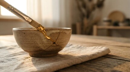 Close up of hand repairing cracked ceramic bowl with liquid gold using kintsugi technique