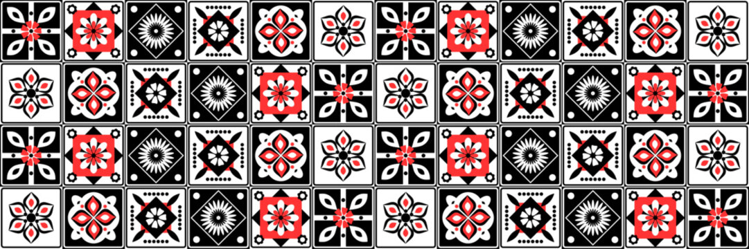 Seamless geometric tile pattern set with black, white and red floral ornaments