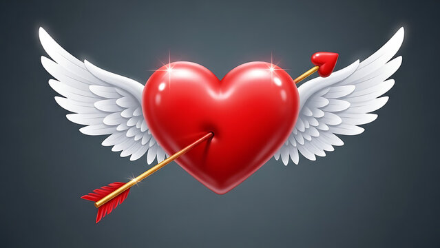 Red heart with white wings and arrow through it on dark background