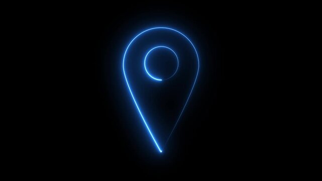 Neon blue glowing map pin icon on black background, location symbol, navigation concept