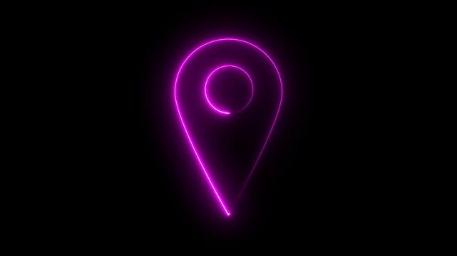 Neon pink map pin icon glowing on black background, location symbol