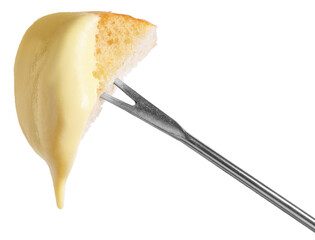 Delicious fondue. Fork with piece of bread and melted cheese isolated on white