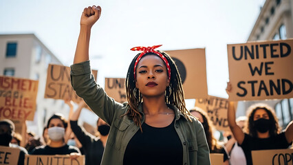 A powerful portrait of a woman with long dreadlocks and a red headband raising a clenched fist at a protest.