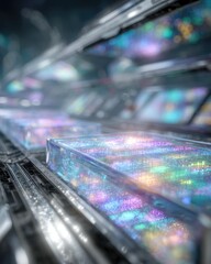 Futuristic DNA sequencer featuring holographic gene sequences. Clean lighting enhances the sterile laboratory atmosphere.