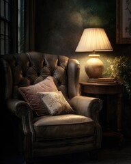 Classic reading corner featuring a leather armchair and wooden side table. The warm light adds timeless comfort and calm.