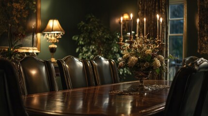 Classic dining room styled with brass candelabra and subtle holiday greenery. The atmosphere feels luxurious, calm, and timeless.