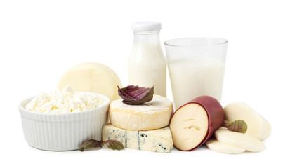 Different fresh dairy products isolated on white