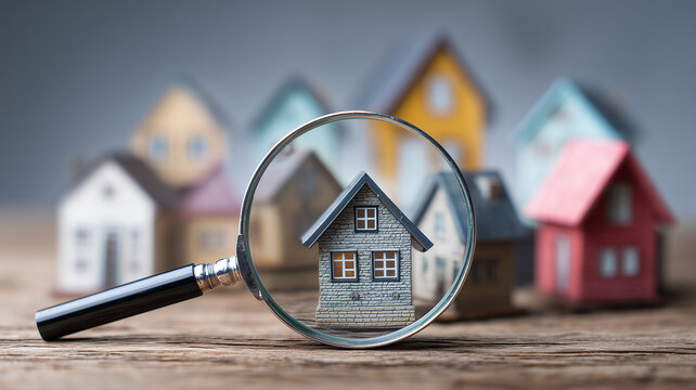 Magnifying glass and house models representing strategic real estate planning, future housing and investment goals.