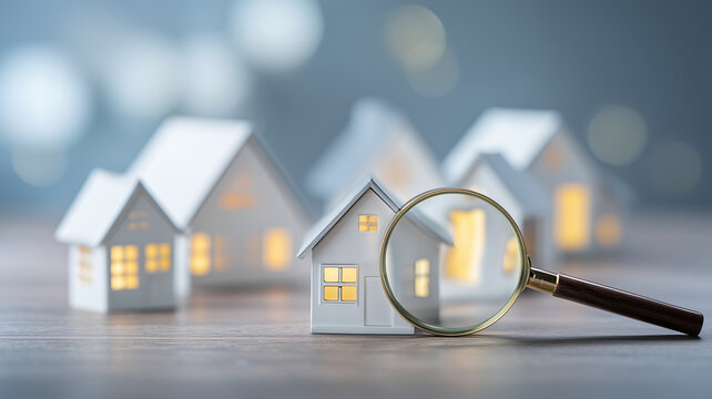 Clean modern scene of miniature houses and magnifying glass representing online property search, listing review and home selection.