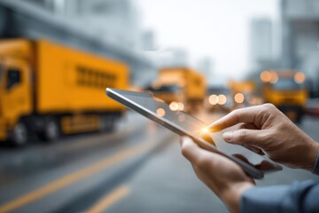 Digital logistics management concept, person using tablet to monitor real-time delivery updates