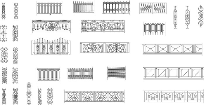 Technical vector set of ornate wrought iron fences, balustrades, and decorative metal patterns for architectural detailing.