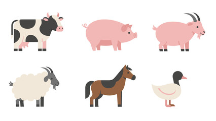 A colorful illustration depicting pigs, a sheep, a goat, a horse, and a person in a rural farm setting.