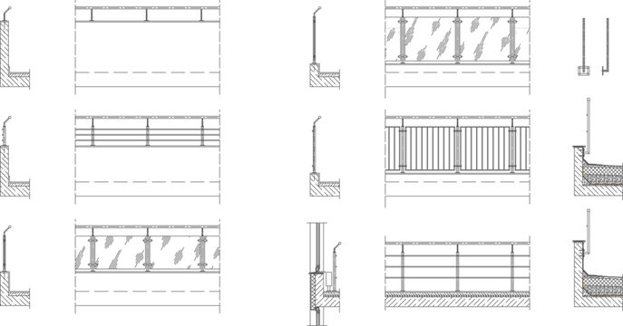 Technical architectural vector of modern railing systems, featuring glass panels, metal balustrades, and mounting details.
