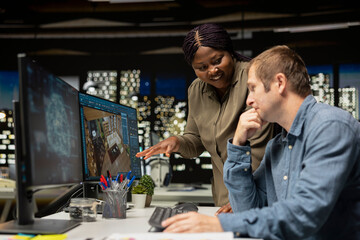 Colleagues work with AI tools on 3D modeling program for a rendered apartment, architectural designers team using CAD software for floor plan and layout. Neural networks system.