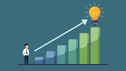Entrepreneurial growth concept with presenter beside increasing bar chart and illuminated idea bulb.
