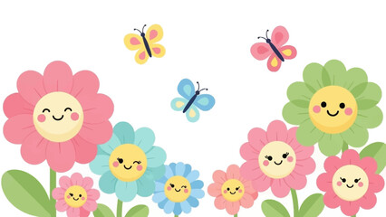 Fototapeta premium Colorful Cartoon Flowers with Smiling Faces and Butterflies.