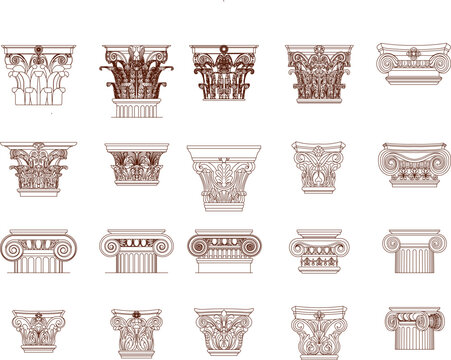 Technical vector collection of various classical column capitals, featuring Ionic, Corinthian, and decorative ornate styles.