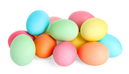 Happy Easter. Many bright painted eggs isolated on white