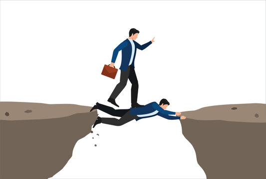 Selfish employee take advantage of other people, supporting boss help other to achieve career success concept, strong business manager use himself as human bridge for other to get pass the cliff.