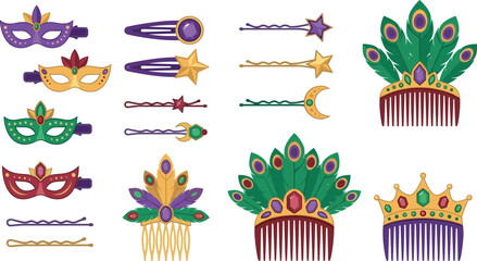Collection of Mardi Gras themed hair accessories and combs