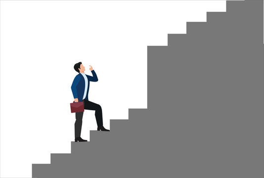 Challenge to overcome difficulty, obstacle or business problem, think of solution to get pass obstacle to success, failure or trouble concept, businessman walk up stair to find huge difficult step.