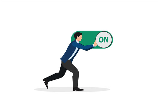 Turn on switch, paradigm shift or change to be better status, start or begin business, setting or preference concept, smart businessman push setting button switch to on position.