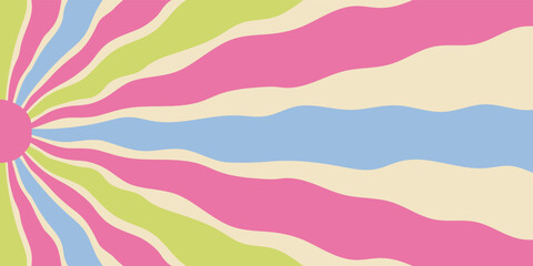Groovy retro sun burst wave background with vibrant color flows in a unique y2k style. Sunshine and ray blend into a horizontal graphic that creates modern, lively mood for art or poster use.