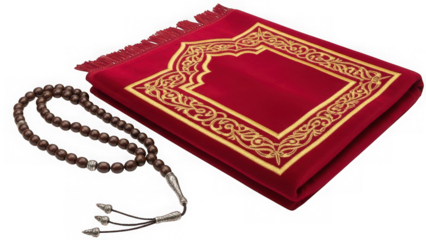Elegant Red Islamic Prayer Rug with Tasbih Beads Isolated on Transparent Background – Muslim Worship and Ramadan Concept
