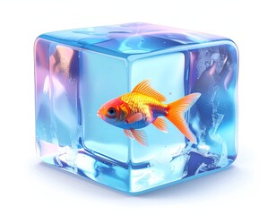 A colorful fish frozen in a clear ice cube against a white backdrop