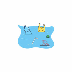 Isolated flat vector of plastic waste floating in water, minimal details, clean lines, solid colors, white background.