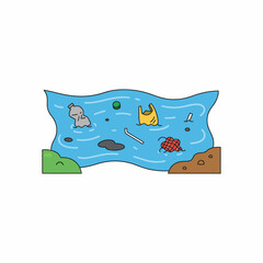 Isolated flat vector of polluted river with trash, simple composition, flat colors, white background, no shadow.