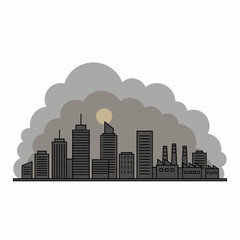 Isolated flat vector of polluted city skyline with smog, simple geometric shapes, white background.