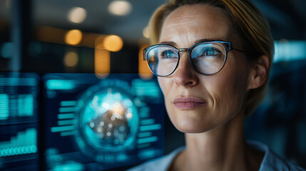 Faceless focused woman in glasses gazing at digital screens displaying data and globe, technology and innovation symbolism, modern workspace, with copy space
