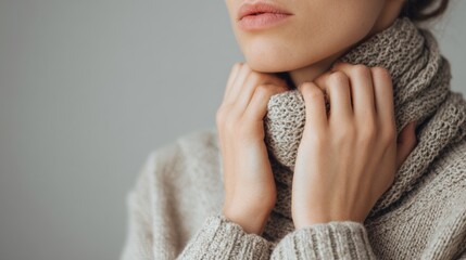 Woman touching her throat in pain on a beige background