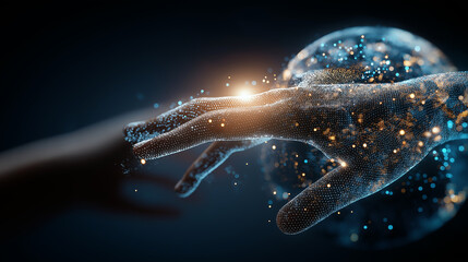 Faceless hand reaching to touch glowing digital representation of Earth, technology, connectivity and global interaction symbolism, with copy space