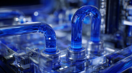 This clip showcases intricate cooling systems within computer hardware, featuring flowing blue liquid through pipes designed to optimize temperature control 
