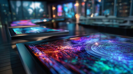 Futuristic display of colorful digital screens showcasing abstract patterns and data visualizations, modern setting, interface technology art, with copy space