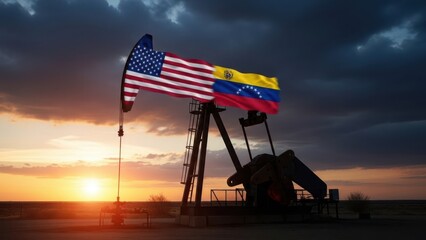 An oil pump jack with the flags of the United States and Venezuela waving in the wind at sunset