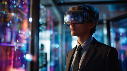 Faceless person in suit wearing VR headset standing in futuristic room, illuminated by vibrant digital screens, immersive technology scene, with copy space